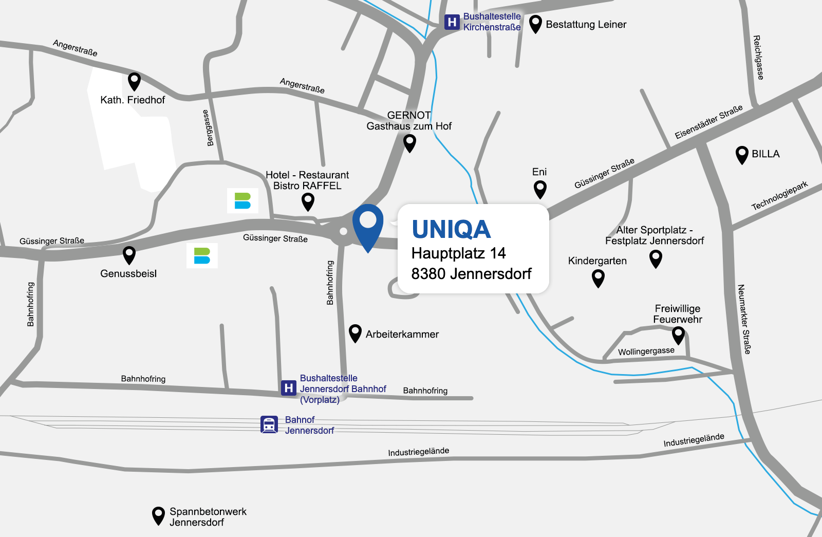 Eine detaillierte gezeichnete Karte der UNIQA Generalagentur Jennersdorf
